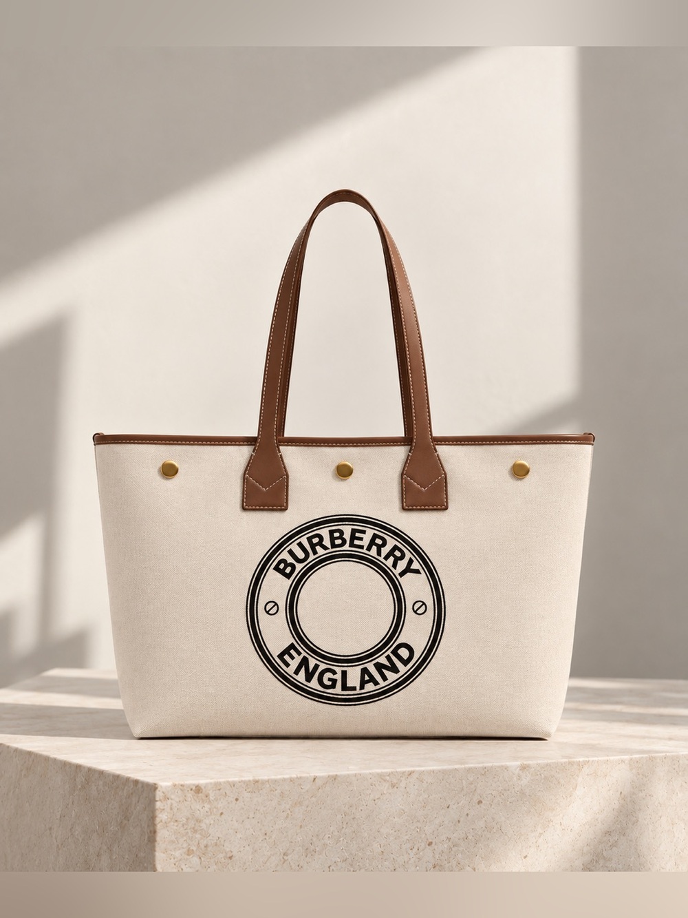 Burberry Beige Canvas Tote with Brown Leather Trim and Black Logo